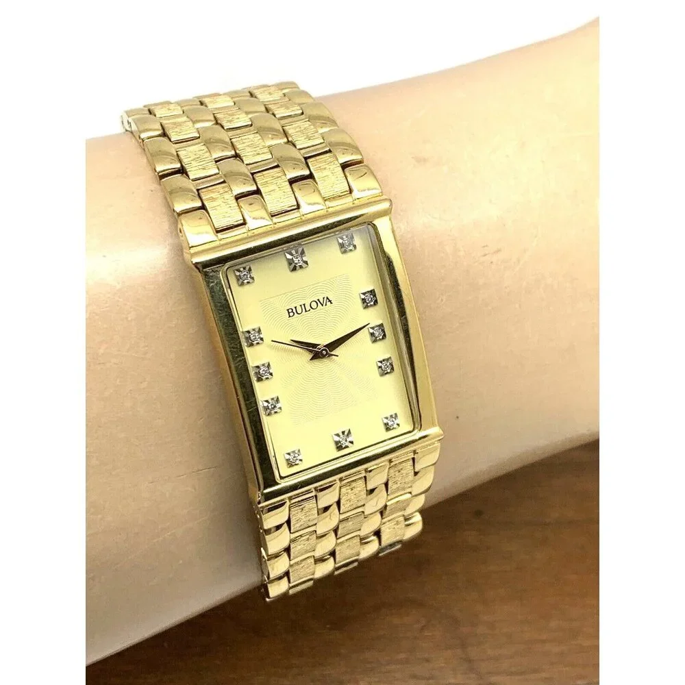 Bulova Men's Watch 97F52 Quartz Diamond Dial Gold Tone Stainless Steel Wide Band